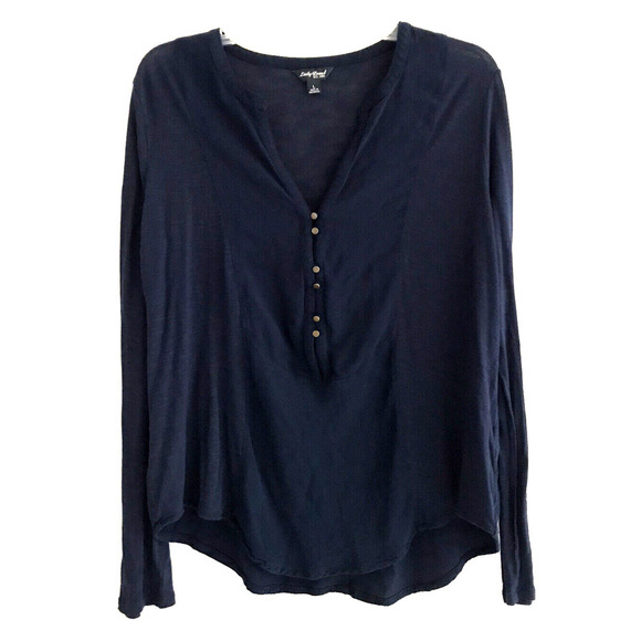 Lucky Brand | Roll Tab Sleeves Button Front Tunic Size L Blue Split V- Neck - Picture 2 of 9